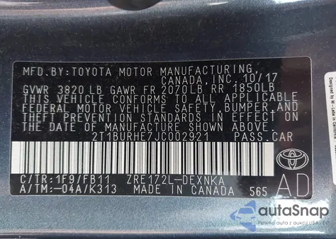 2018 Toyota Corolla Le from USA, damaged, VIN 2T1BURHE7JC002921